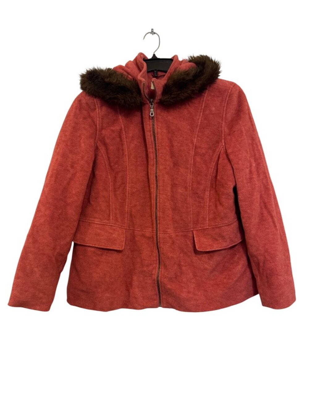 L.L. Bean Womens Red Wool-Blend Hooded Jacket With Faux Fur